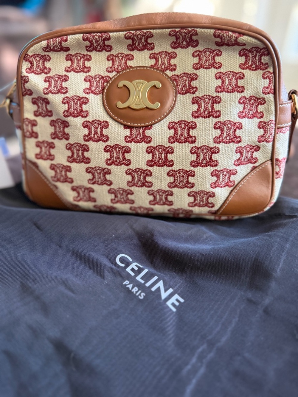 Celine Red Monogram Canvas Crossbody with Tan Leather Trim